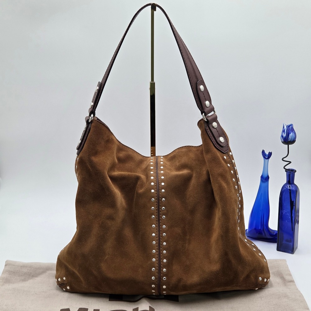 Michael Kors Large Slouchy Suede Hobo Bag Brown Studded Leather Y2K Dust Bag - Picture 2 of 11